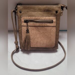 Liz Soto Tan Floral Embossed Crossbody Bag